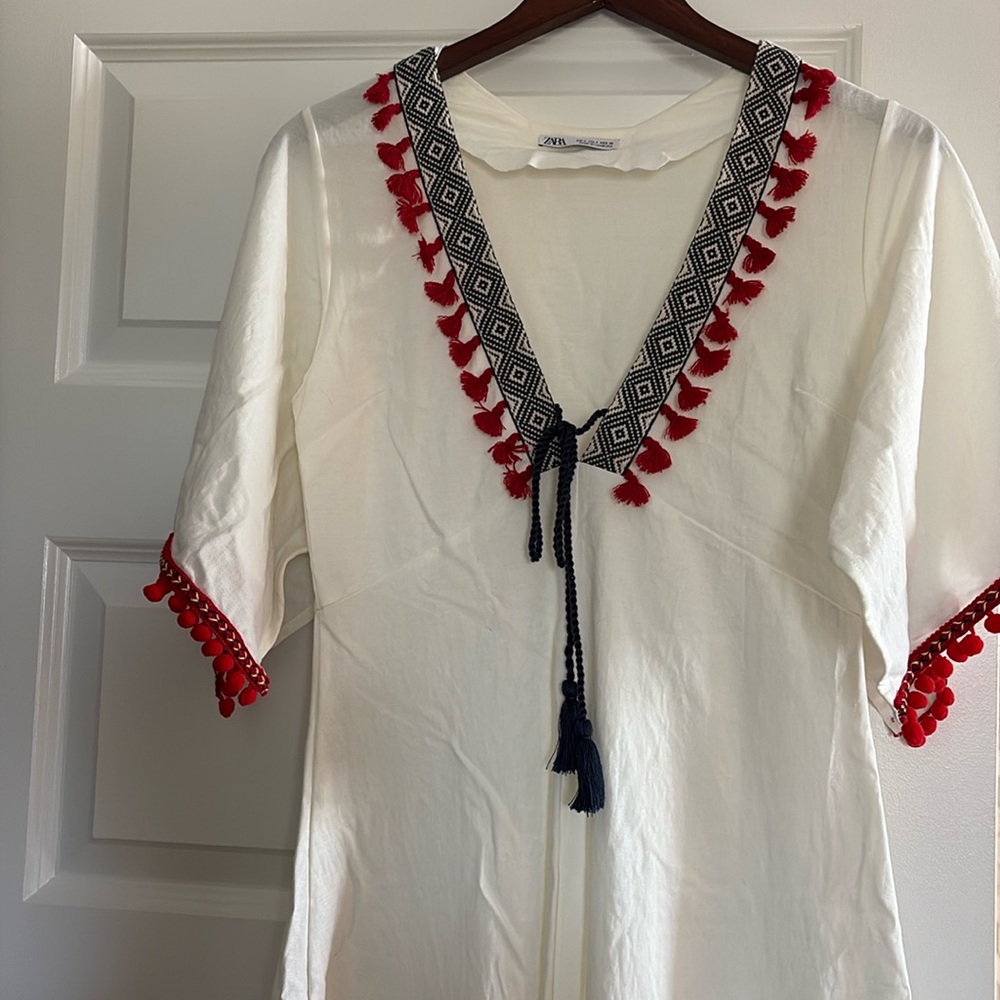 Zara, lovely dress, size small. Mainly white with navy and red accents